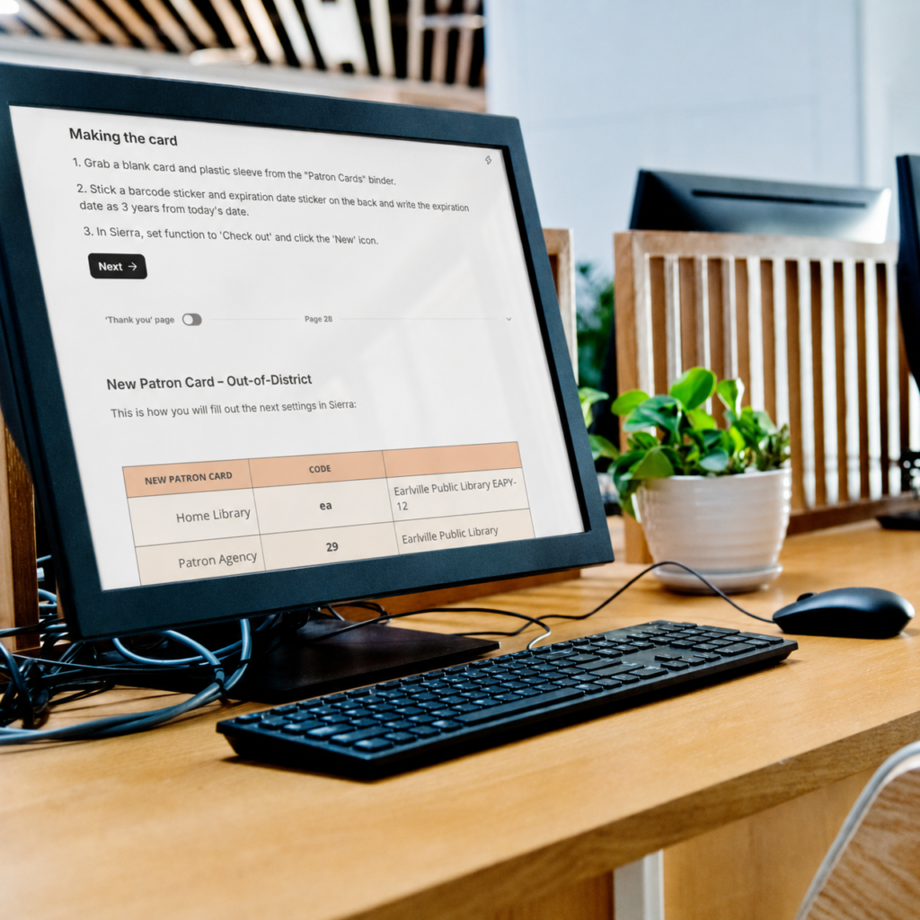 desktop computer with library task screen
