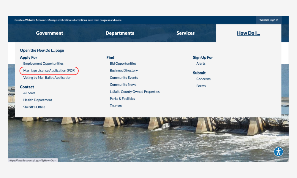 drop down mega menu with marriage license circled in red